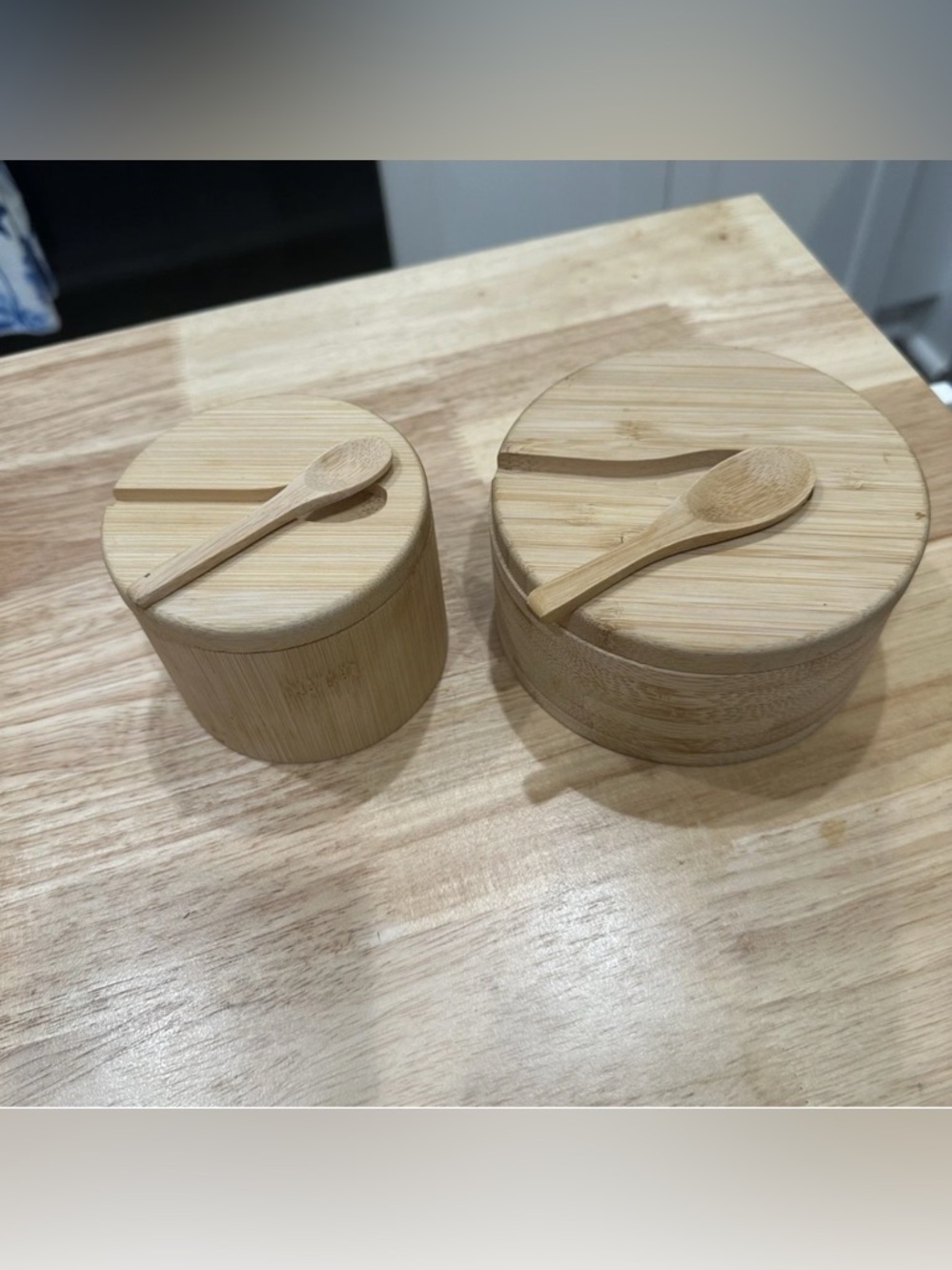 Wooden Cellars natural color seasoning salt & pepper two piece with spoons 🥄 🧂